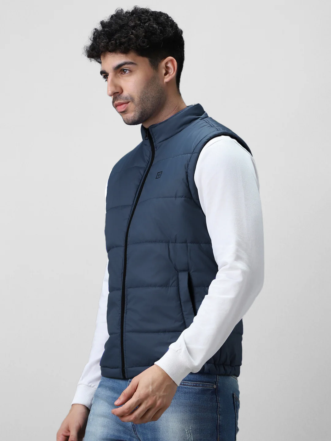 Men's Blue Sleeveless Zippered Puffer Jacket - Image 2