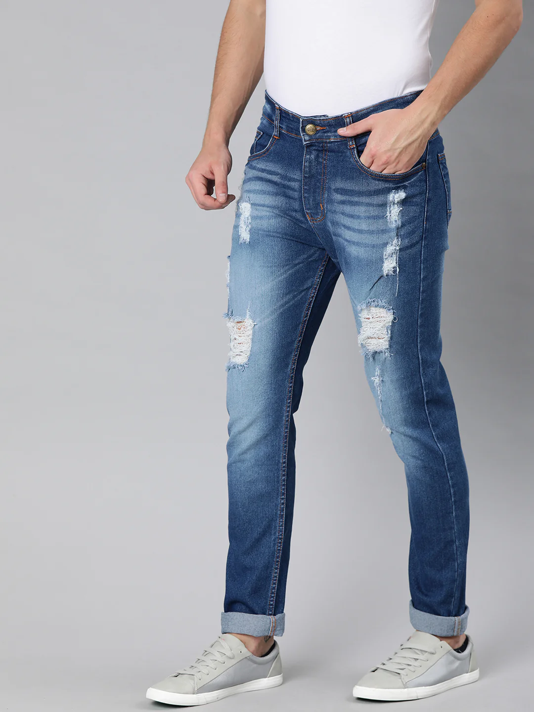 Men's Blue Slim Fit Heavy Distressed/Torn Jeans - Image 2