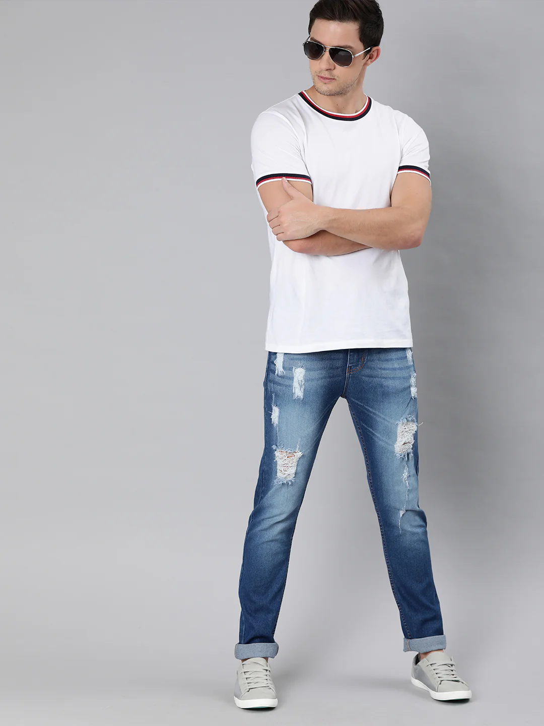 Men's Blue Slim Fit Heavy Distressed/Torn Jeans - Image 4