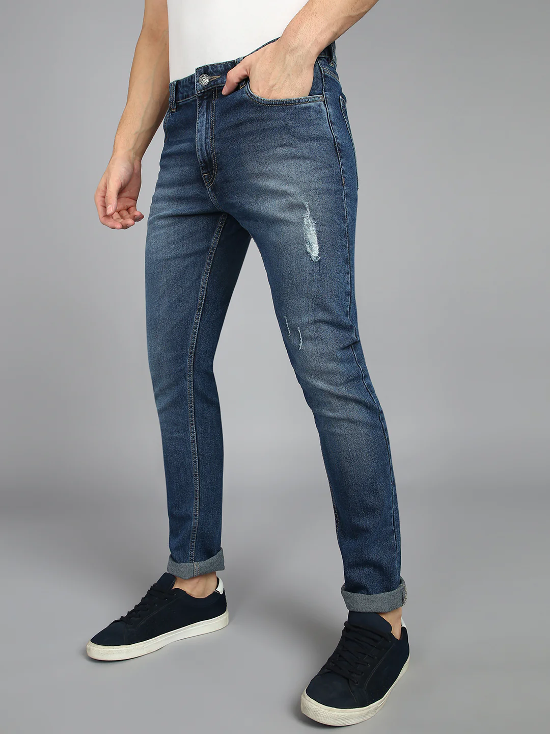 Men's Blue Slim Fit Heavy Washed Mild Distressed Jeans Stretch - Image 2