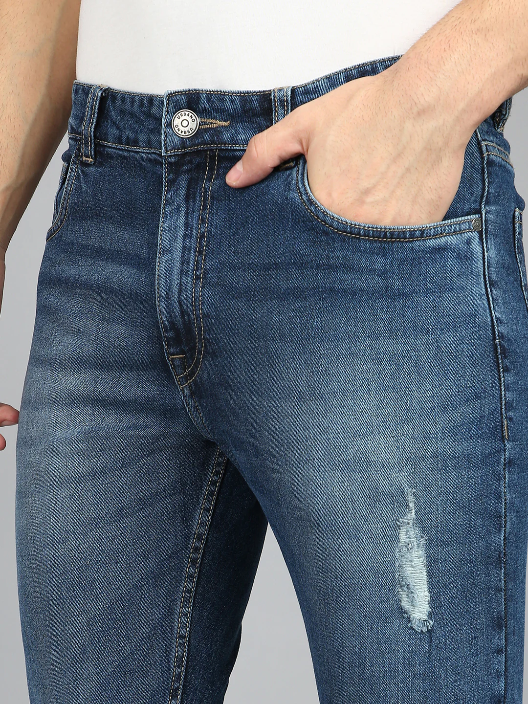 Men's Blue Slim Fit Heavy Washed Mild Distressed Jeans Stretch - Image 5