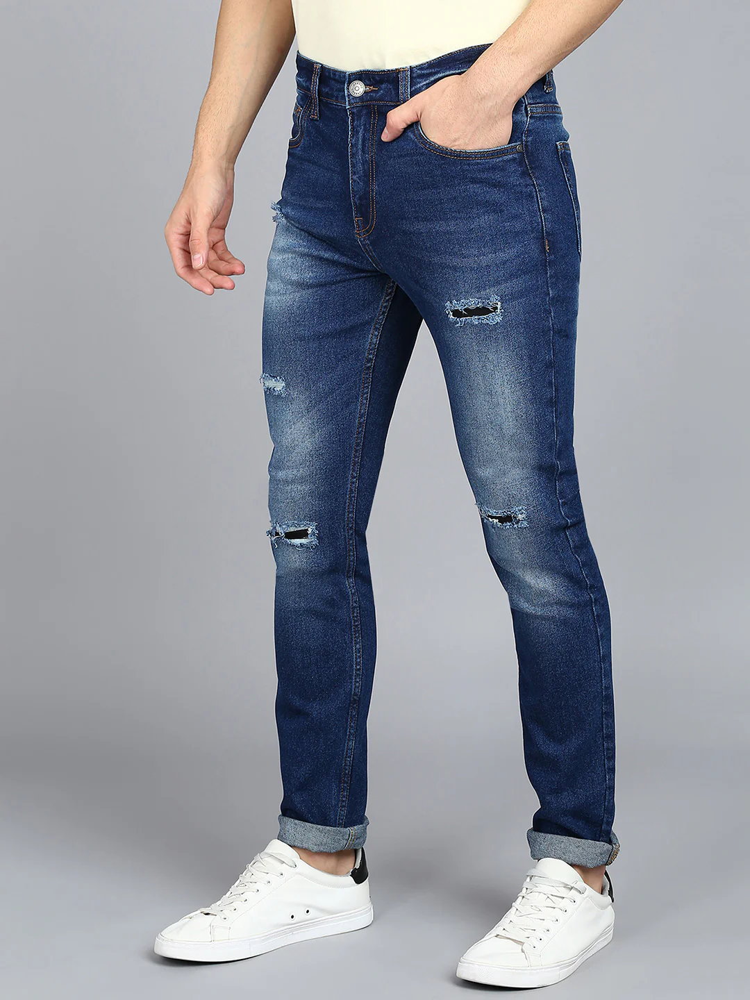 Men's Blue Slim Fit Heavy Washed Mild Distressed Jeans Stretchable - Image 2
