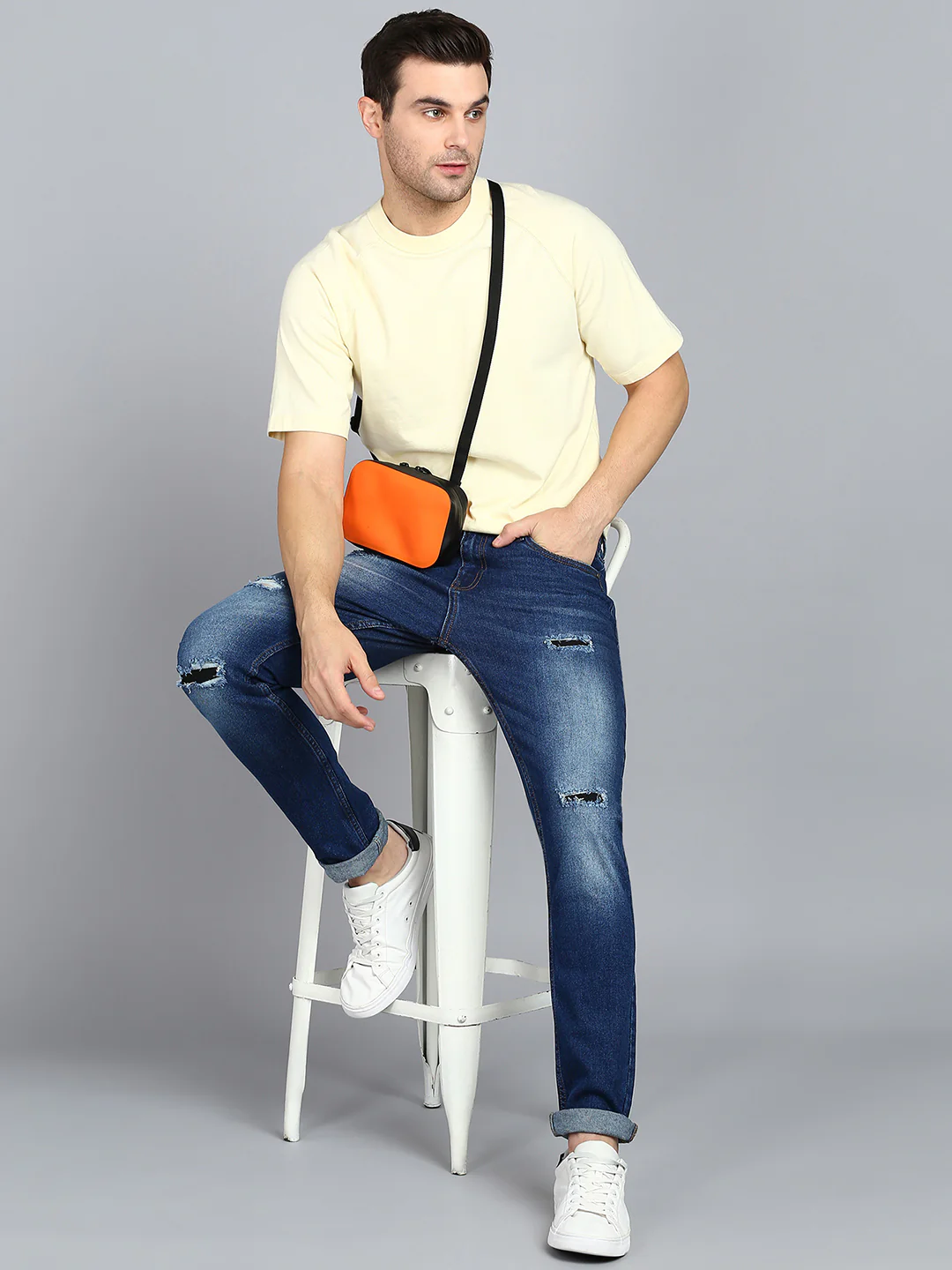 Men's Blue Slim Fit Heavy Washed Mild Distressed Jeans Stretchable - Image 4