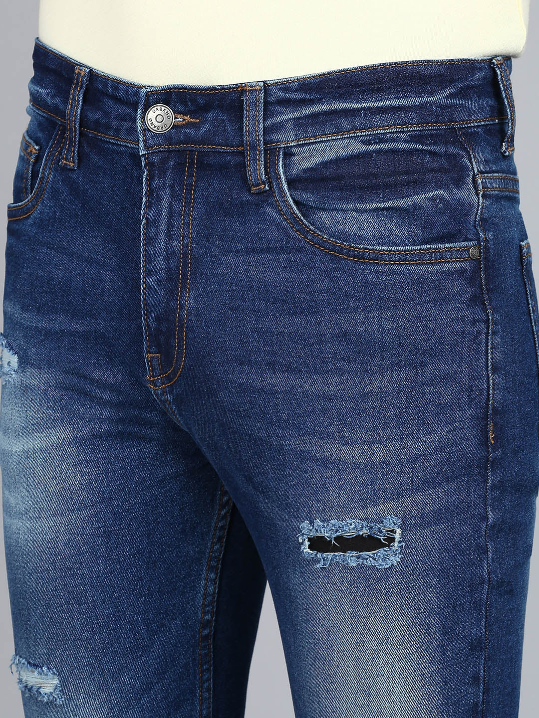 Men's Blue Slim Fit Heavy Washed Mild Distressed Jeans Stretchable - Image 5