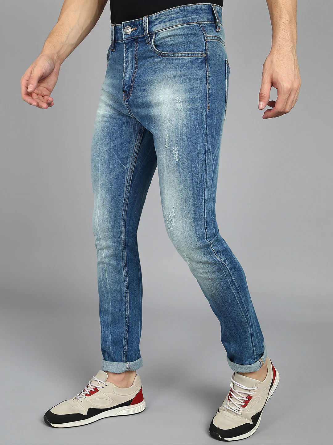 Men's Blue Slim Fit Heavy Washed Mild Distressed Jeans Stretchable - Image 2