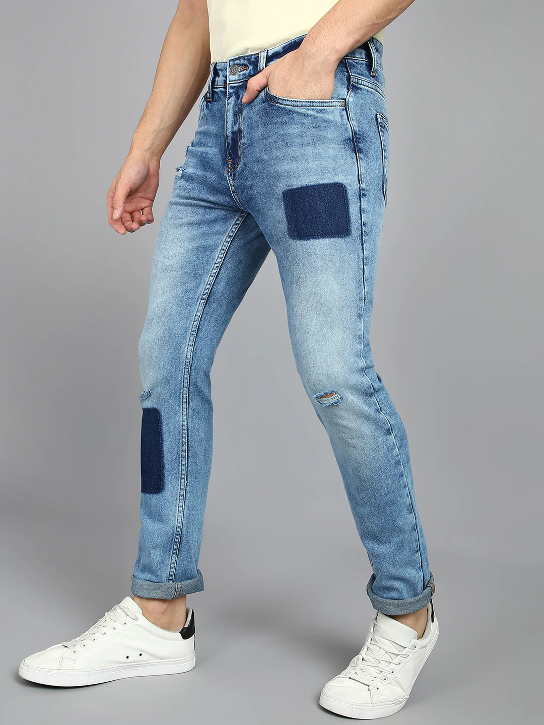 Men's Blue Slim Fit Heavy Washed Mild Distressed Patched Jeans Stretch - Image 2
