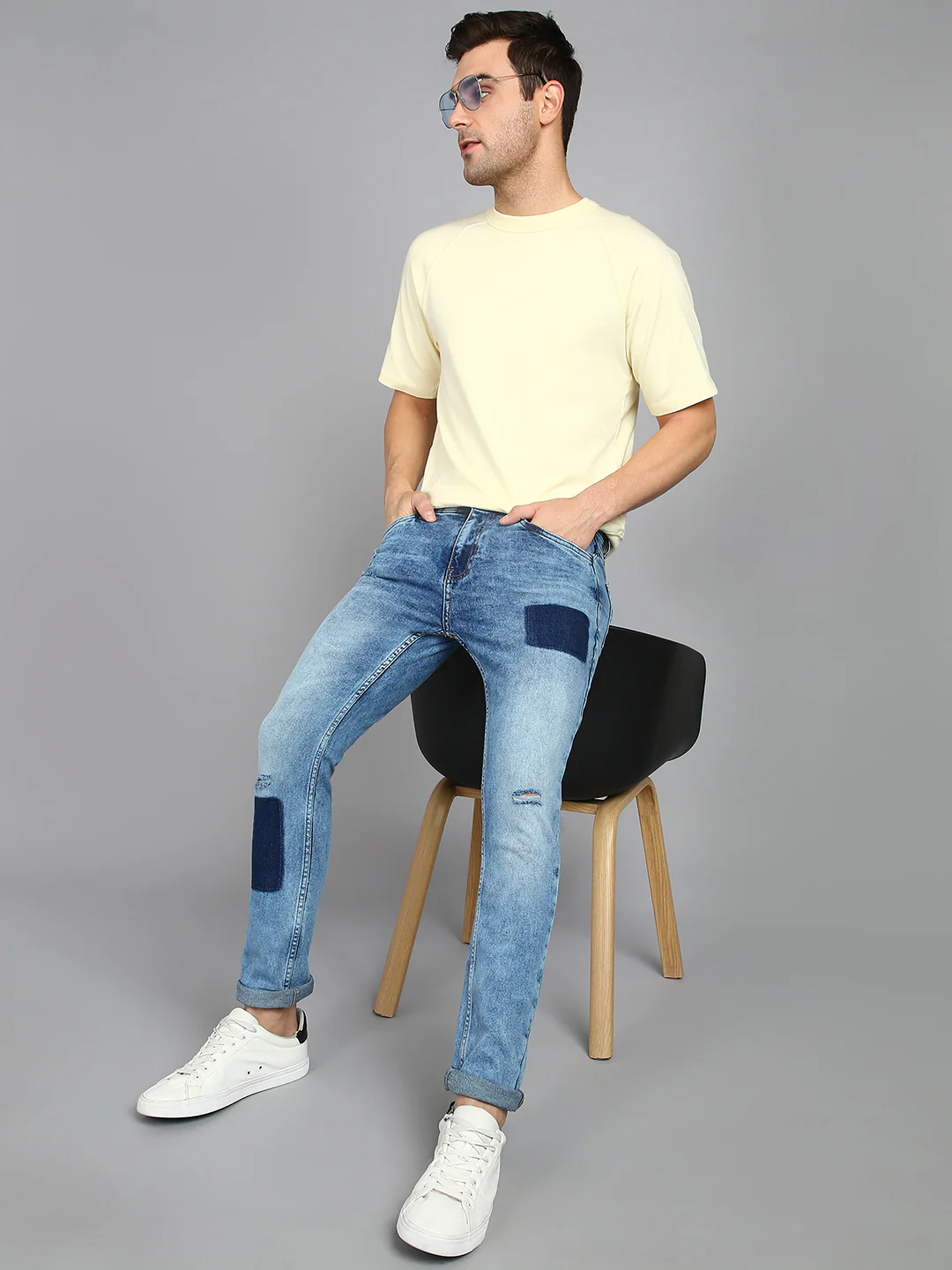 Men's Blue Slim Fit Heavy Washed Mild Distressed Patched Jeans Stretch - Image 4