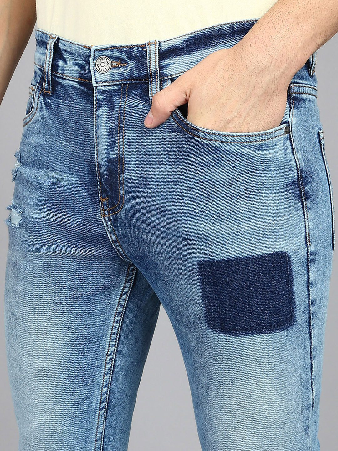 Men's Blue Slim Fit Heavy Washed Mild Distressed Patched Jeans Stretch - Image 5