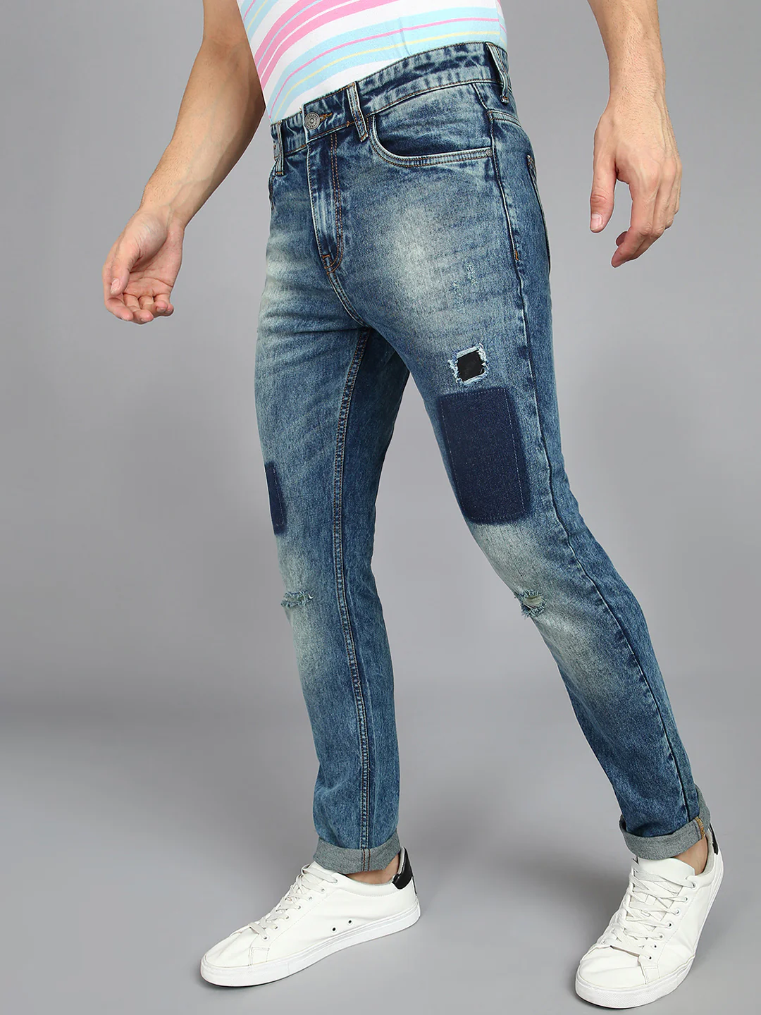 Men's Blue Slim Fit Heavy Washed Mild Distressed Patched Jeans Stretch - Image 2