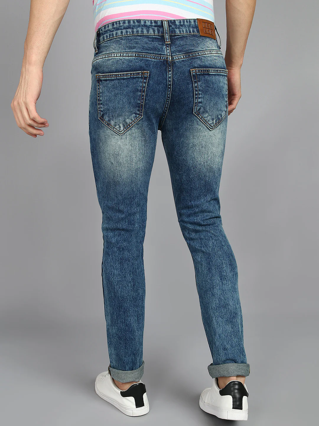 Men's Blue Slim Fit Heavy Washed Mild Distressed Patched Jeans Stretch - Image 3