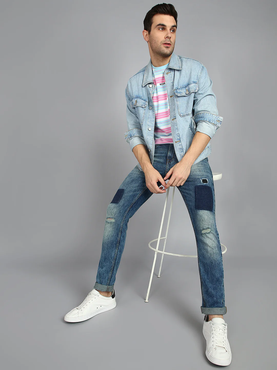 Men's Blue Slim Fit Heavy Washed Mild Distressed Patched Jeans Stretch - Image 4