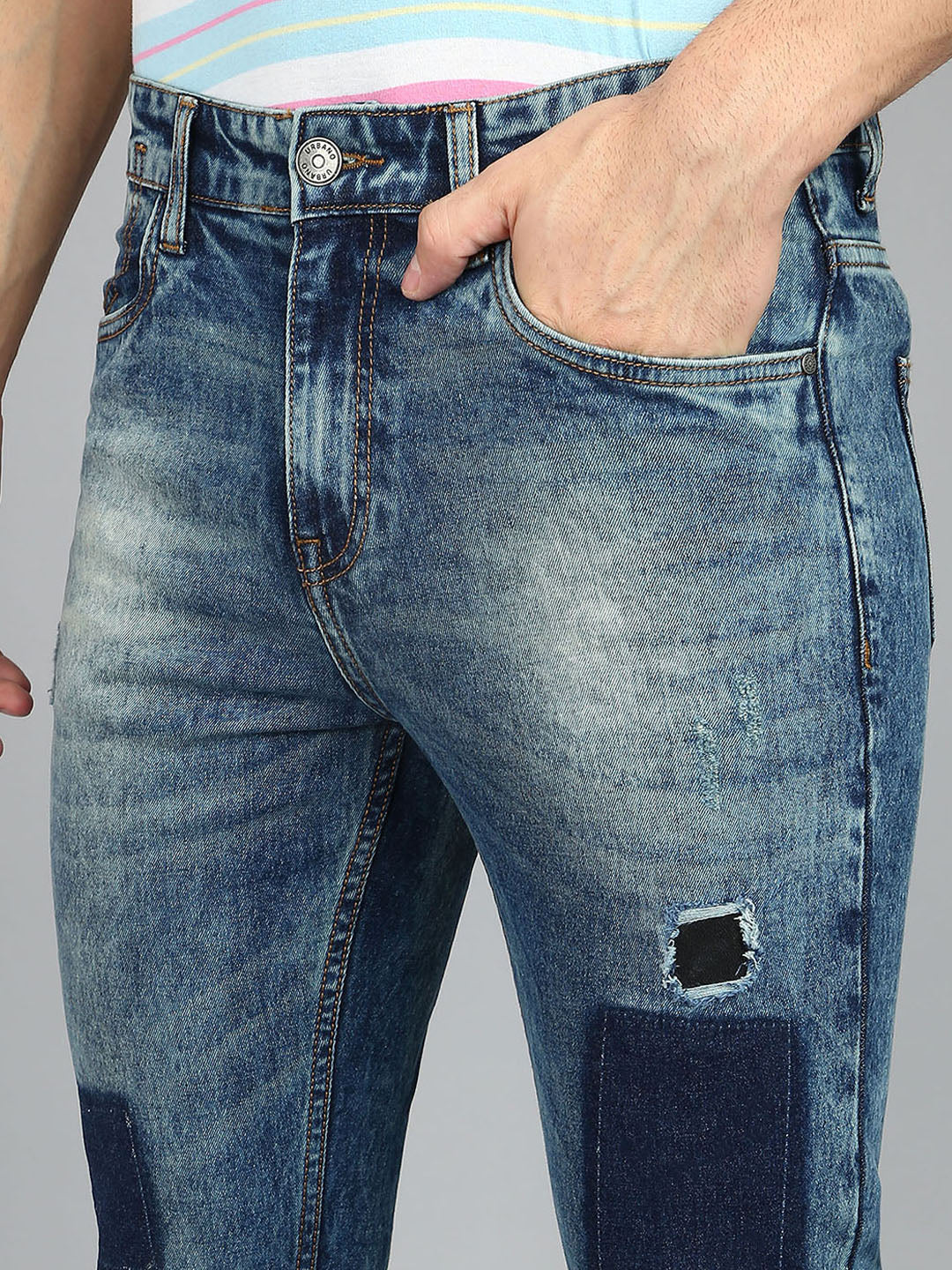 Men's Blue Slim Fit Heavy Washed Mild Distressed Patched Jeans Stretch - Image 5