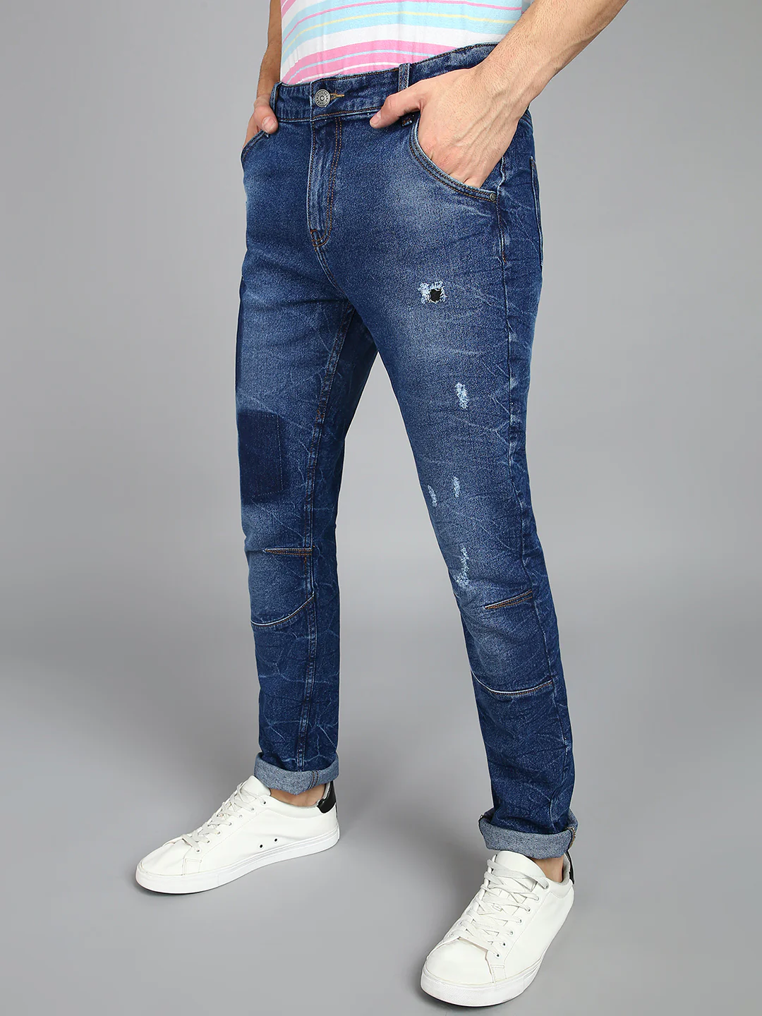 Men's Blue Slim Fit Heavy Washed Mild Distressed Patched Jeans Stretch - Image 2