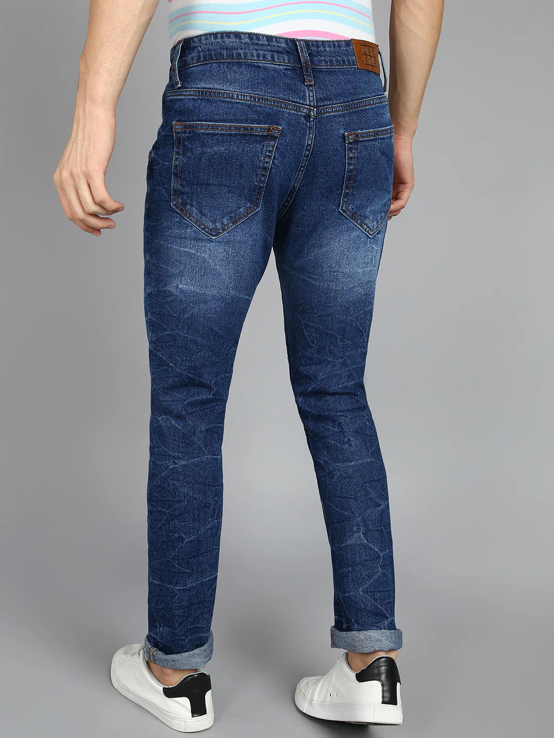 Men's Blue Slim Fit Heavy Washed Mild Distressed Patched Jeans Stretch - Image 3
