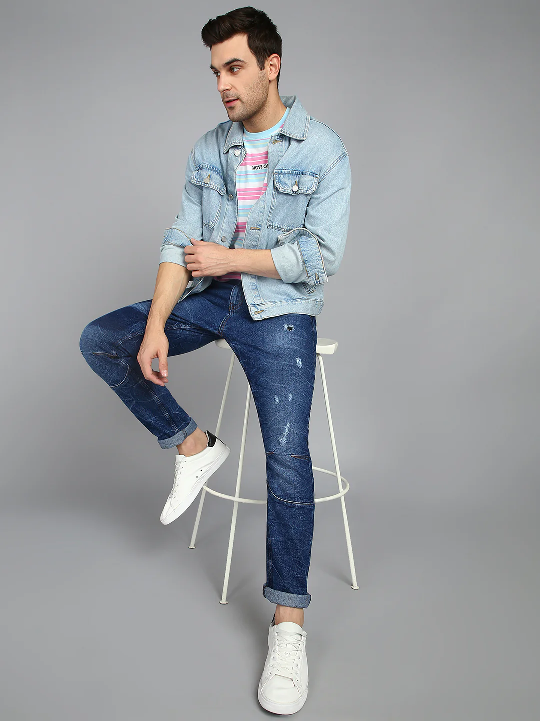 Men's Blue Slim Fit Heavy Washed Mild Distressed Patched Jeans Stretch - Image 4