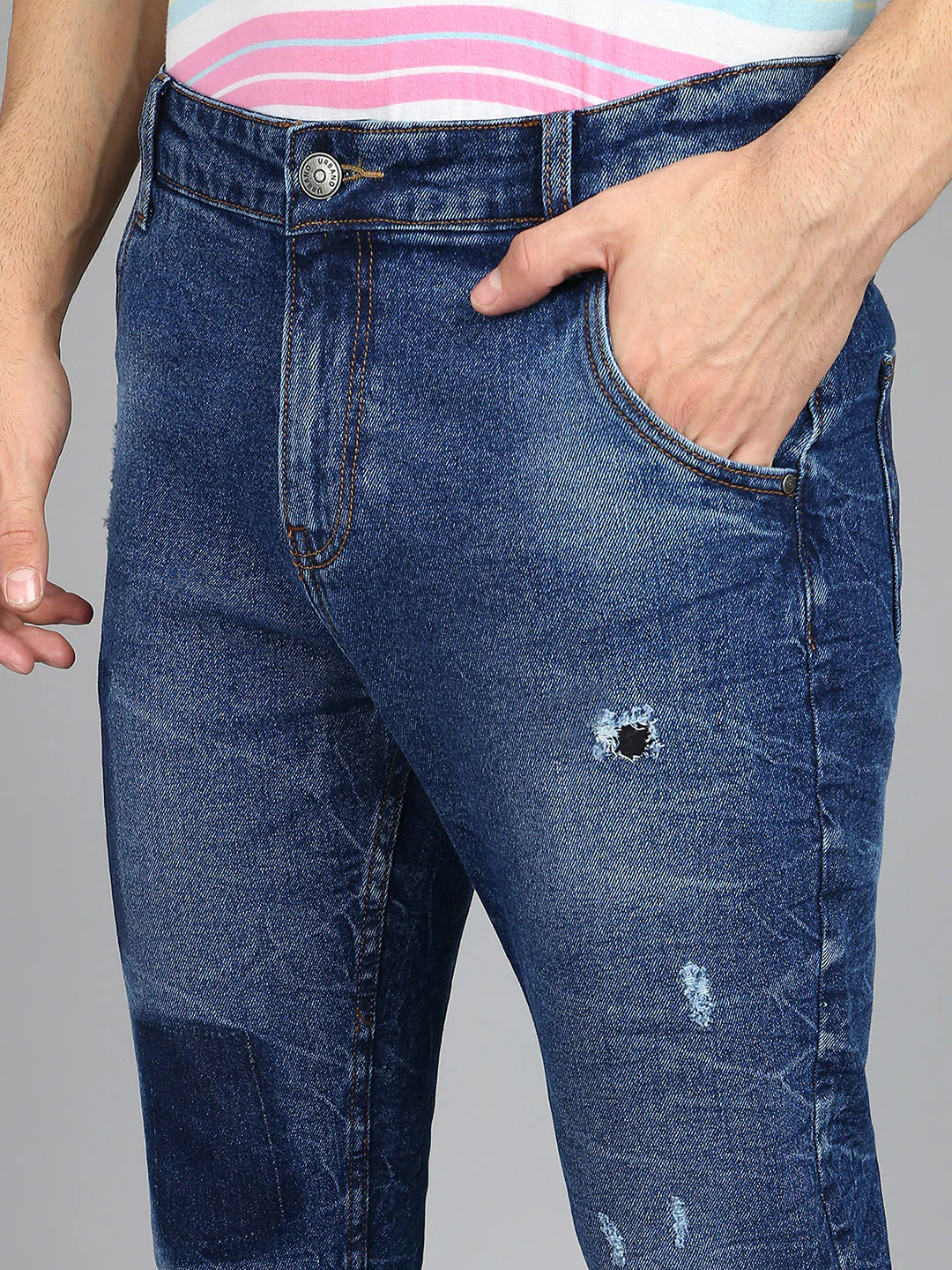 Men's Blue Slim Fit Heavy Washed Mild Distressed Patched Jeans Stretch - Image 5