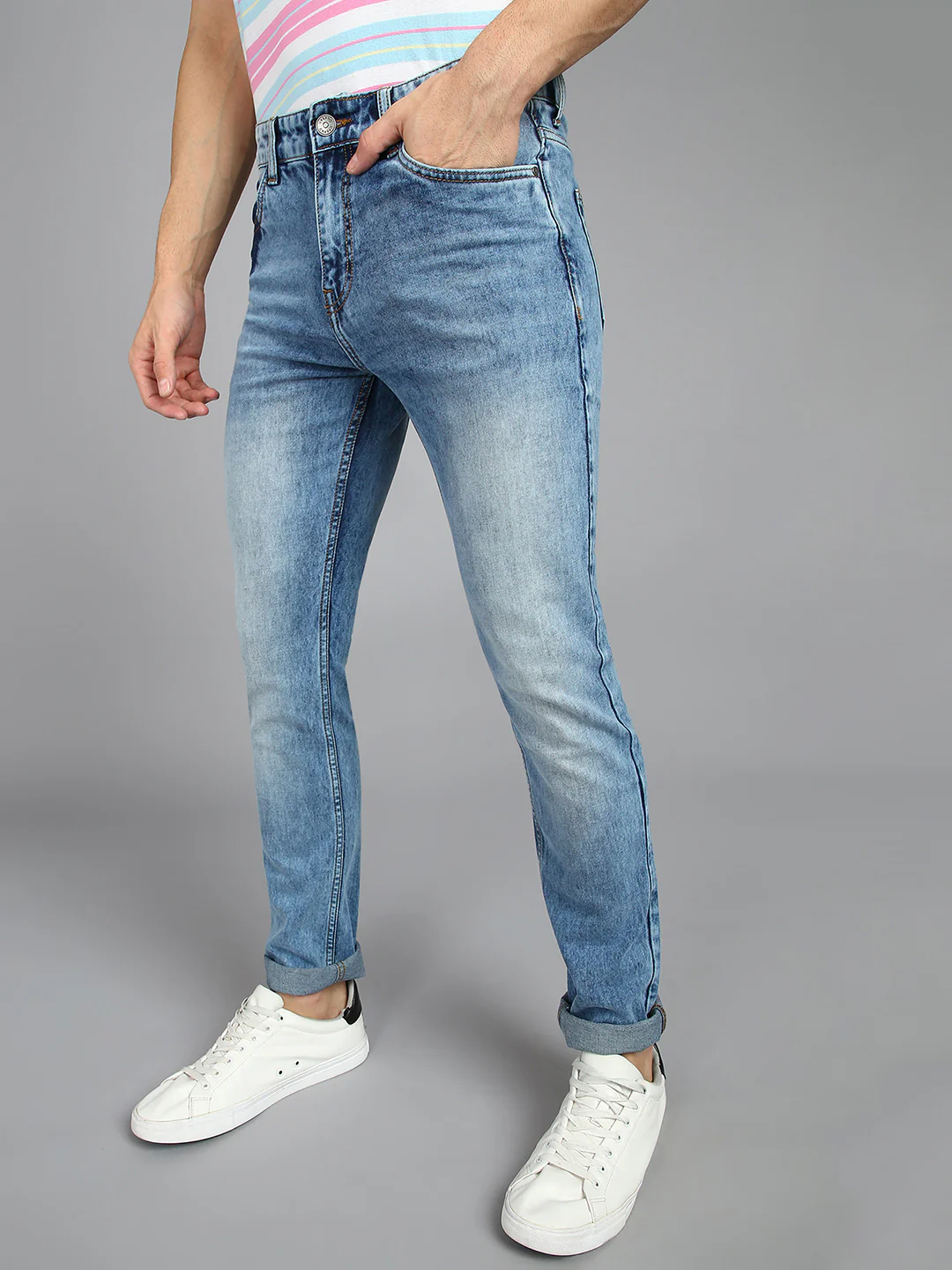 Men's Blue Slim Fit Heavy Washed Patched Jeans Stretch - Image 2