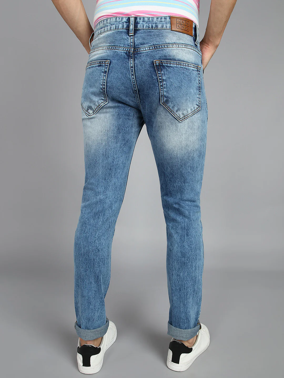 Men's Blue Slim Fit Heavy Washed Patched Jeans Stretch - Image 3