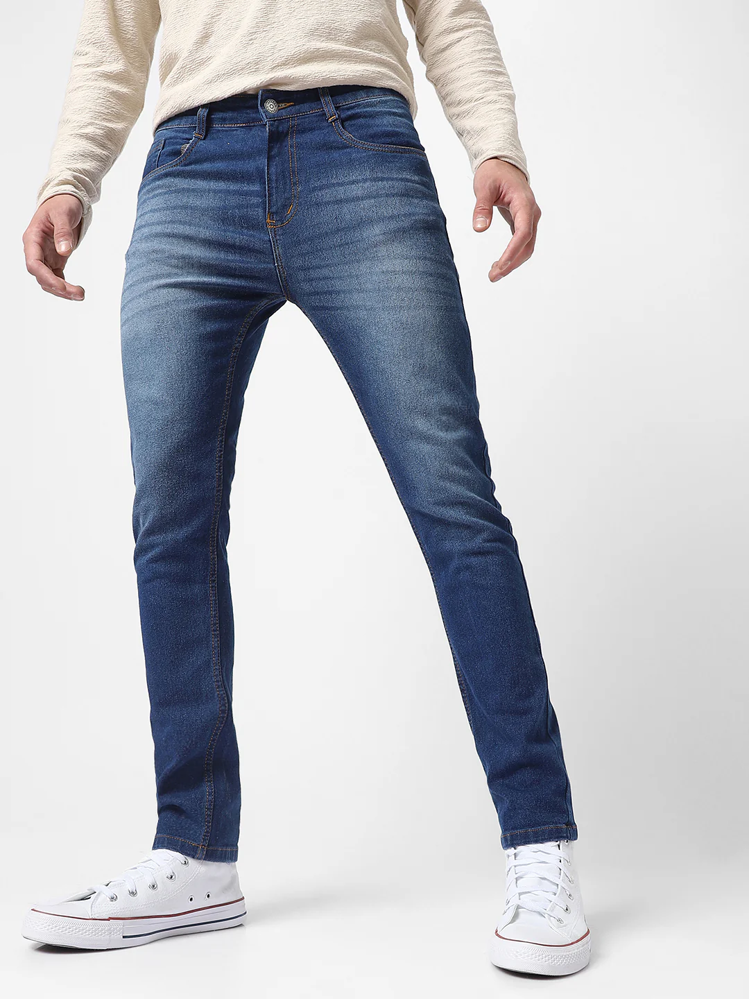 Men's Blue Slim Fit Mild Distressed/Torn Jeans Stretchable - Image 2