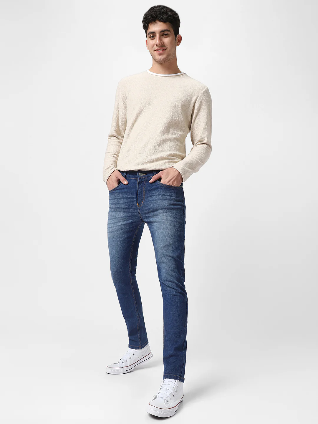 Men's Blue Slim Fit Mild Distressed/Torn Jeans Stretchable - Image 5