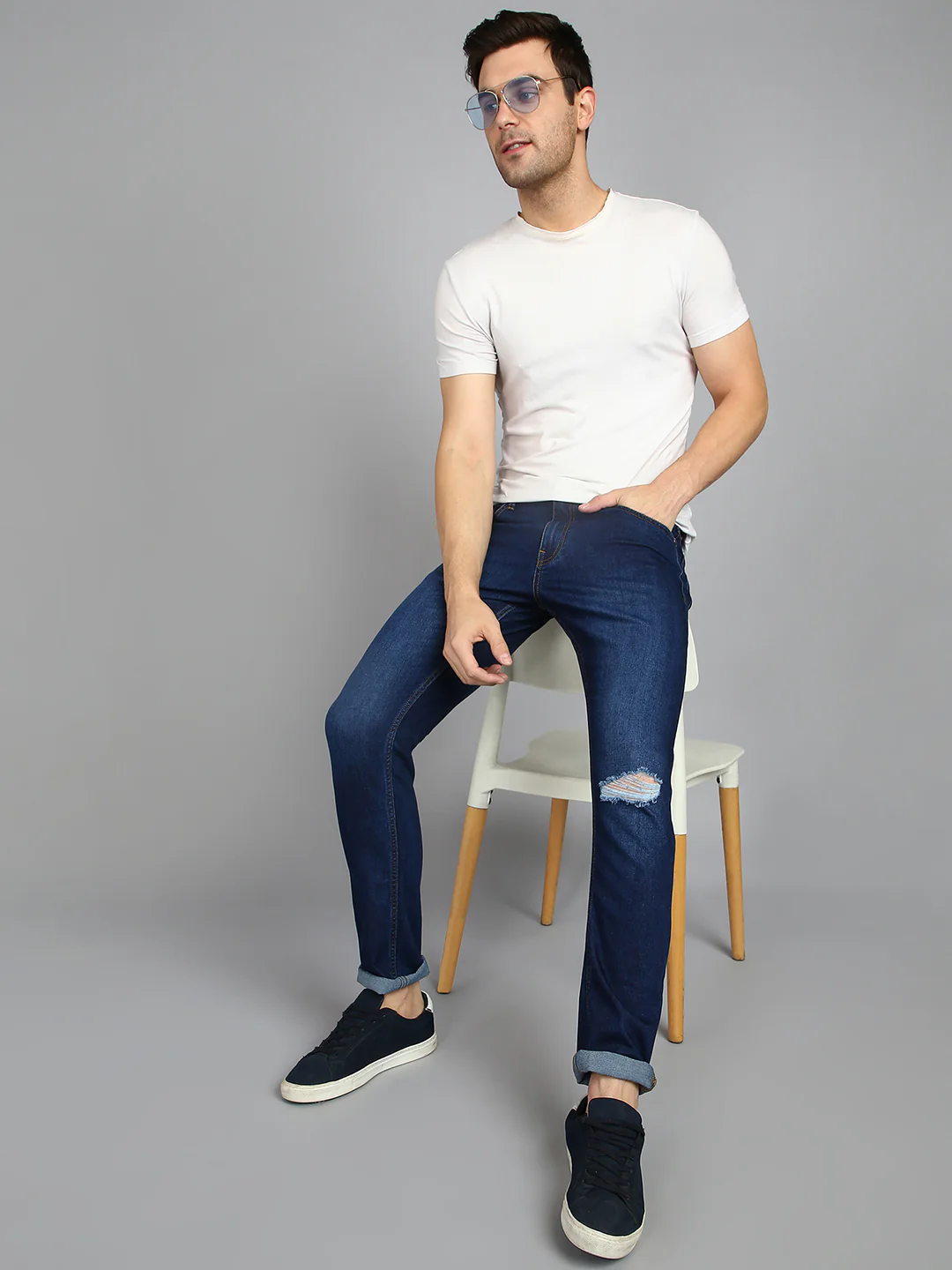 Men's Blue Slim Fit Washed Mild Distressed Jeans Stretch - Image 4