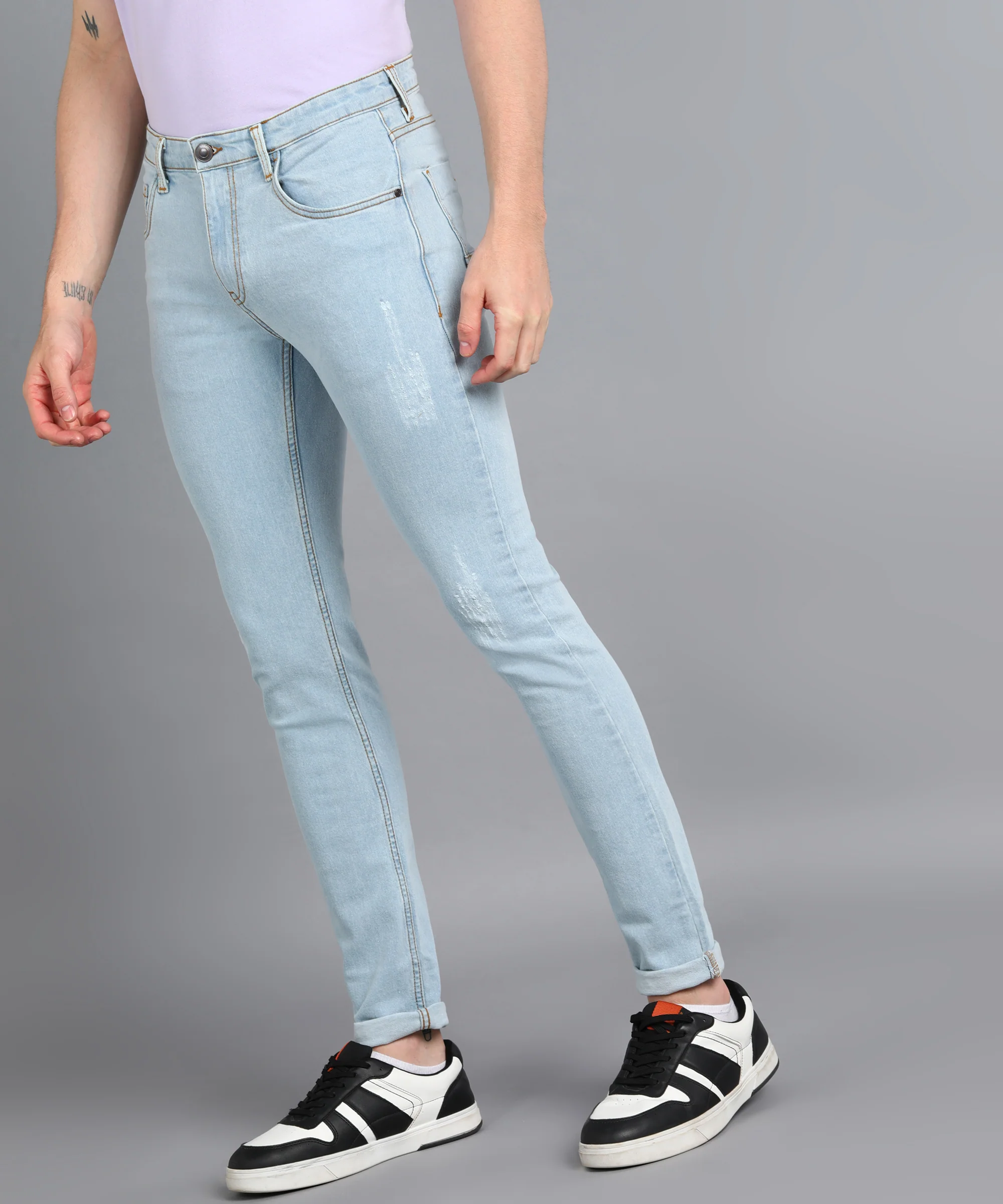 Men's Blue Slim Fit Washed Mild Distressed/Torn Jeans Stretchable - Image 2