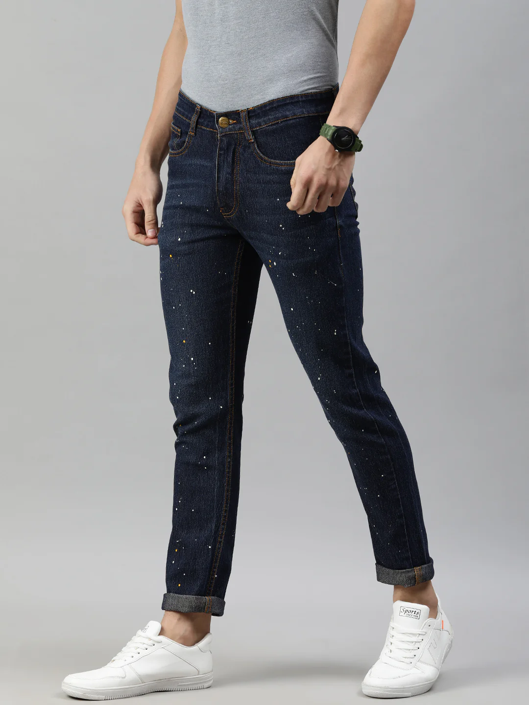 Men's Blue Slim Fit Washed Splatter Printed Jeans Stretchable - Image 2
