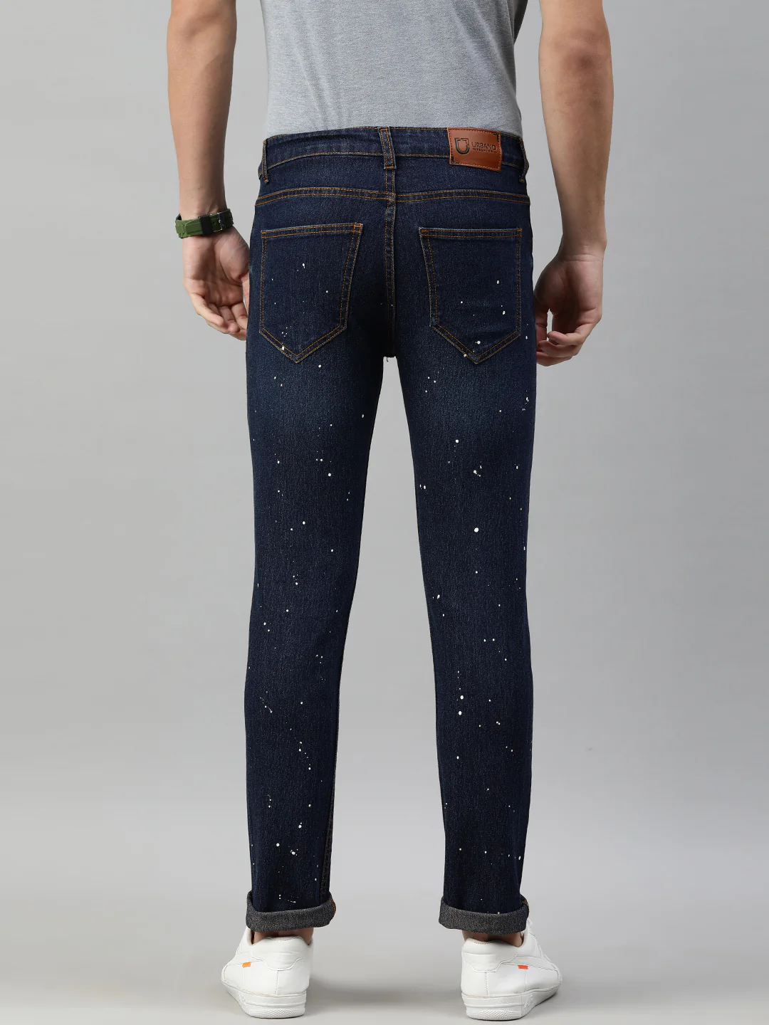 Men's Blue Slim Fit Washed Splatter Printed Jeans Stretchable - Image 3
