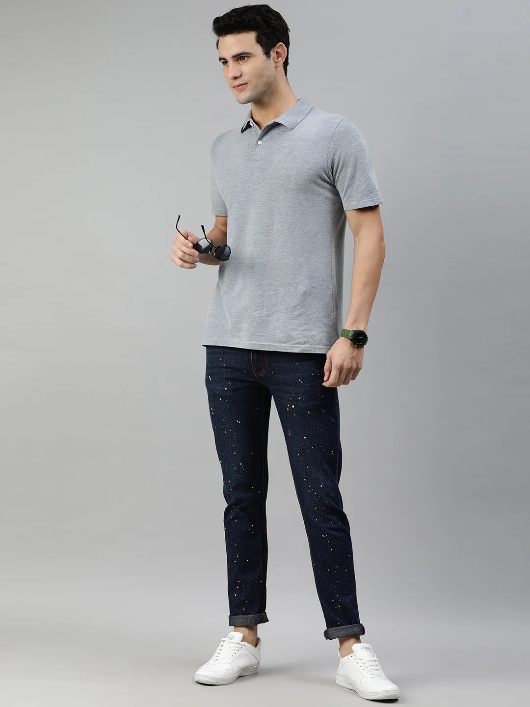 Men's Blue Slim Fit Washed Splatter Printed Jeans Stretchable - Image 4