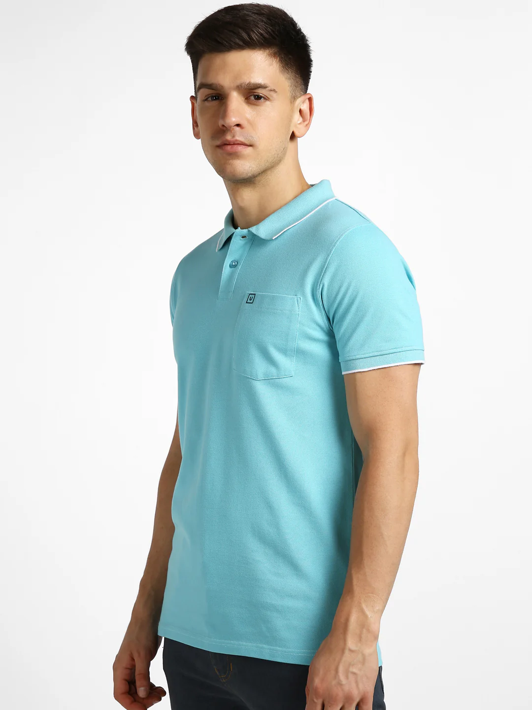 Men's Blue Solid Slim Fit Half Sleeve Cotton Polo T-Shirt - Image 2