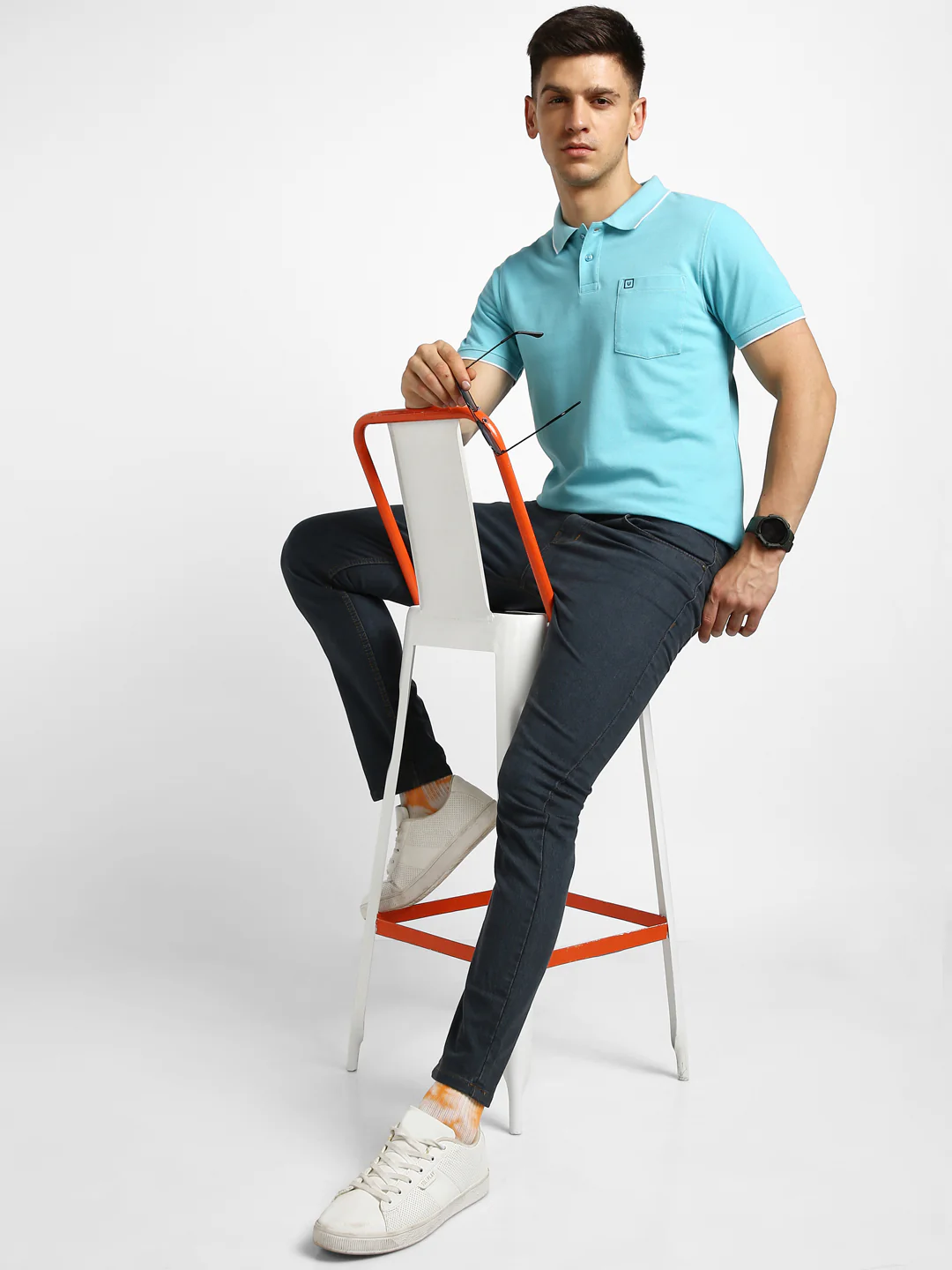 Men's Blue Solid Slim Fit Half Sleeve Cotton Polo T-Shirt - Image 4