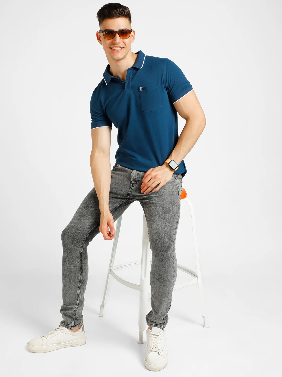 Men's Blue Solid Slim Fit Half Sleeve Cotton Polo T-Shirt - Image 4