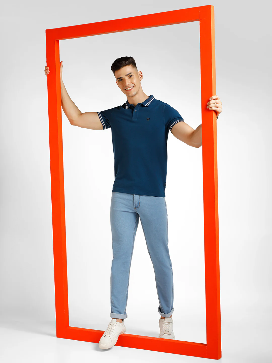 Men's Blue Solid Slim Fit Half Sleeve Cotton Polo T-Shirt - Image 4