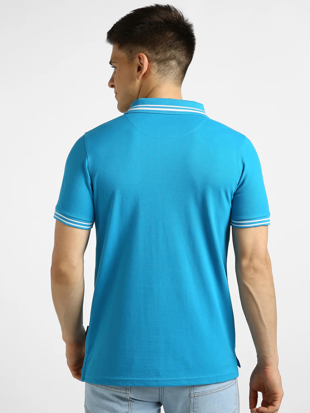 Men's Blue Solid Slim Fit Half Sleeve Cotton Polo T-Shirt - Image 3