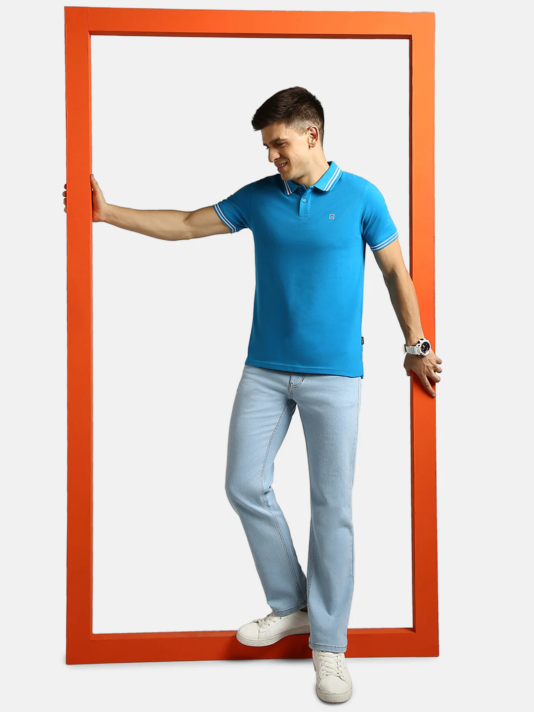 Men's Blue Solid Slim Fit Half Sleeve Cotton Polo T-Shirt - Image 4