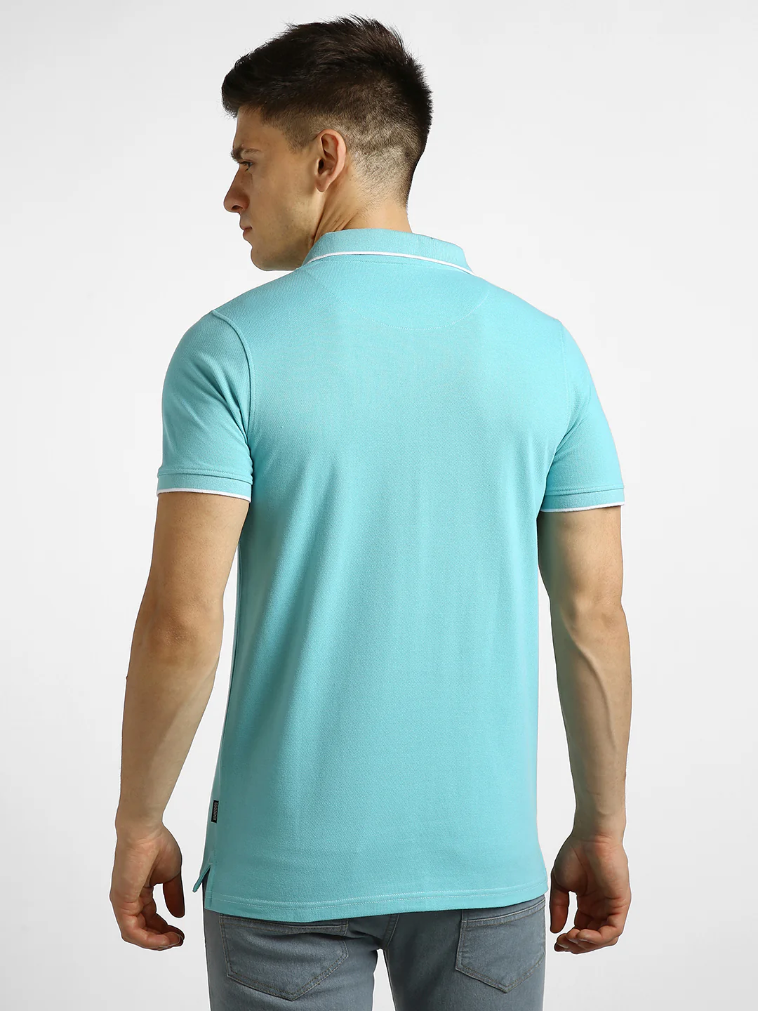 Men's Blue Solid Slim Fit Half Sleeve Cotton Polo T-Shirt - Image 3