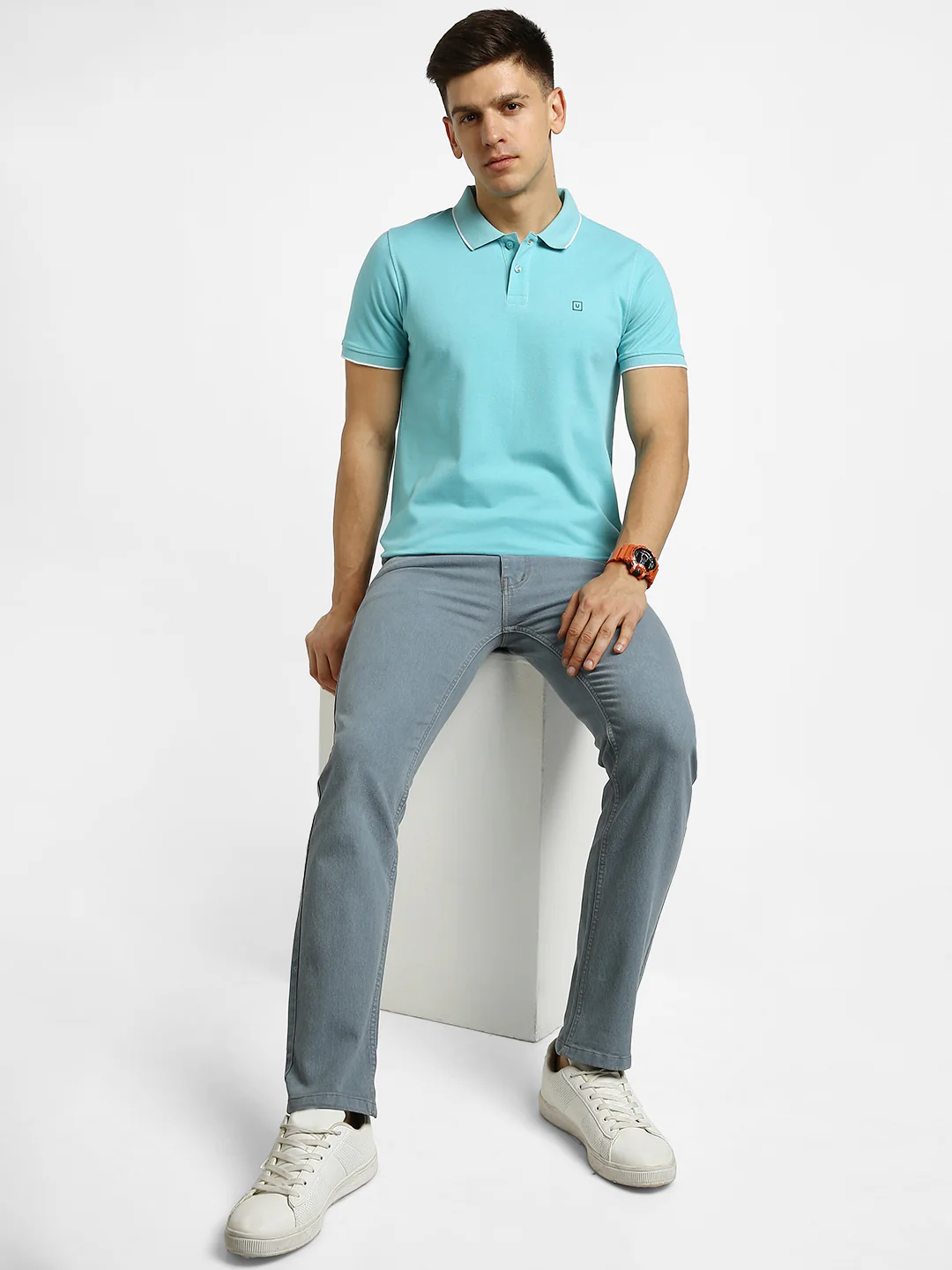Men's Blue Solid Slim Fit Half Sleeve Cotton Polo T-Shirt - Image 4