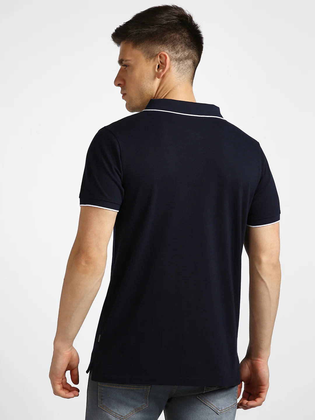 Men's Blue Solid Slim Fit Half Sleeve Cotton Polo T-Shirt - Image 3