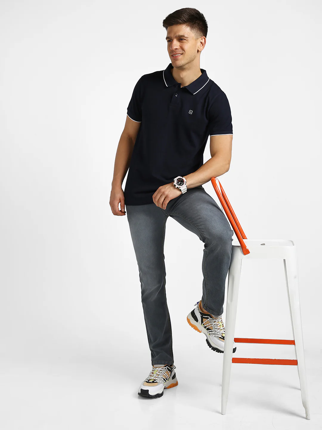 Men's Blue Solid Slim Fit Half Sleeve Cotton Polo T-Shirt - Image 4