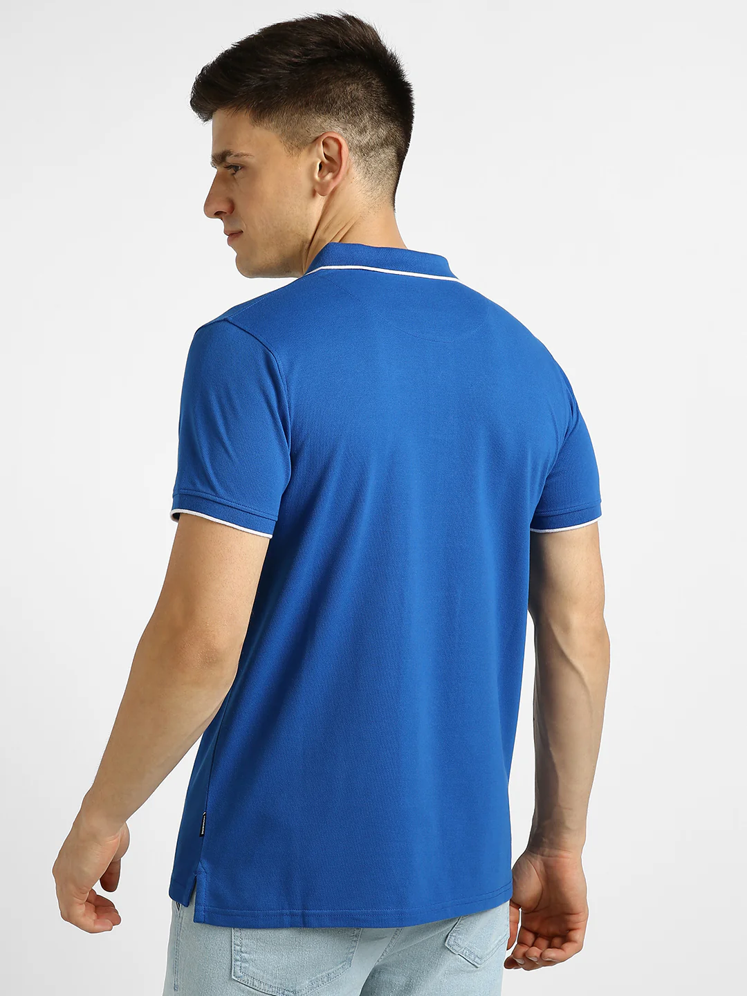 Men's Blue Solid Slim Fit Half Sleeve Cotton Polo T-Shirt - Image 3