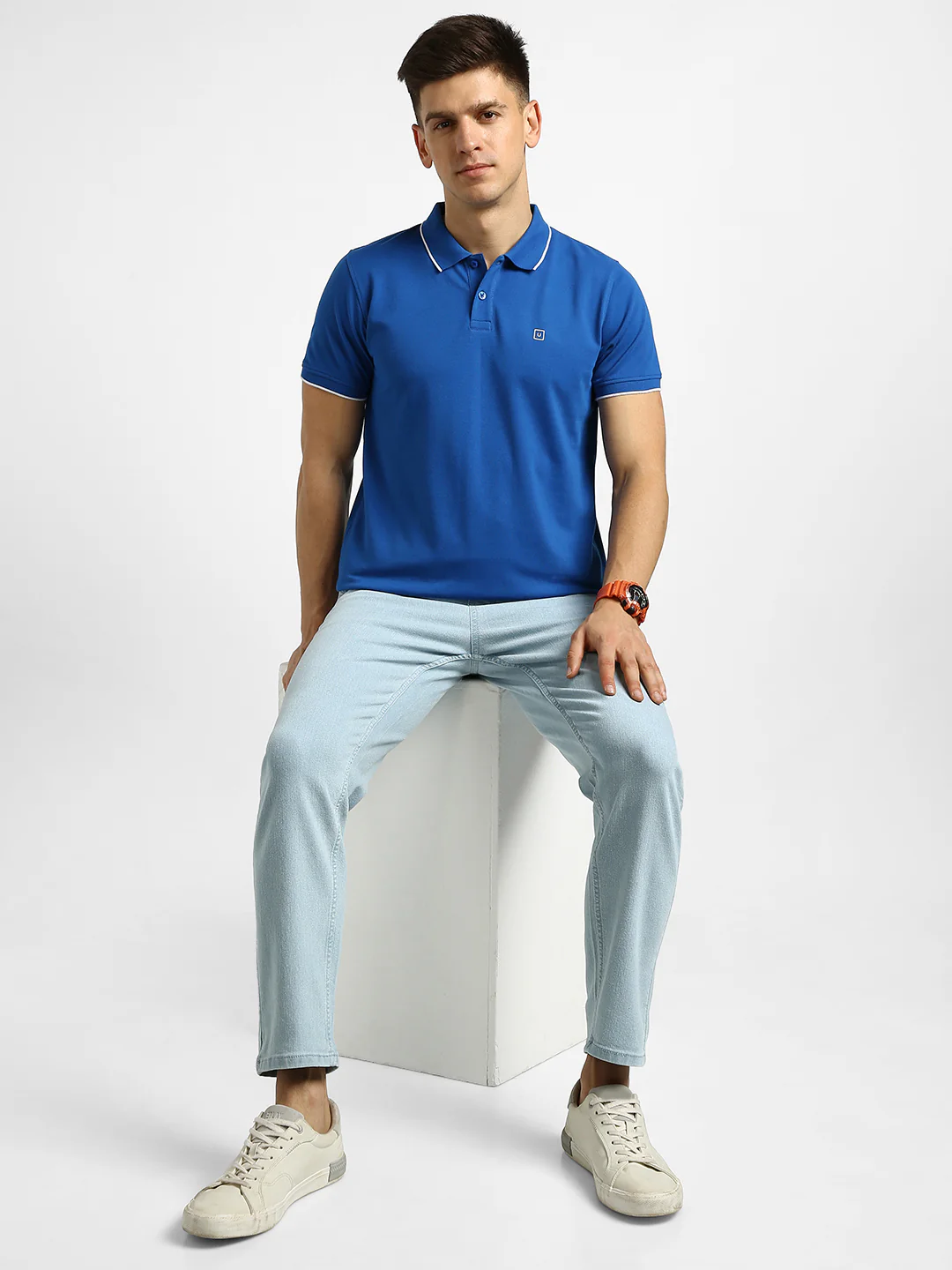 Men's Blue Solid Slim Fit Half Sleeve Cotton Polo T-Shirt - Image 4
