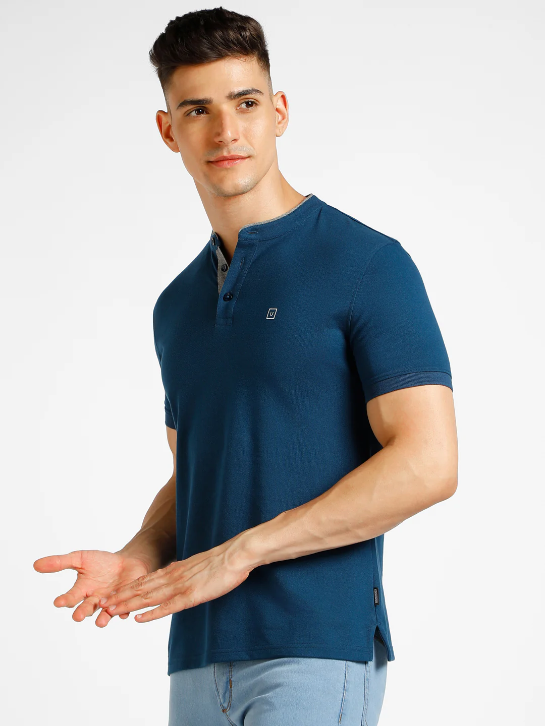 Men's Blue Solid Slim Fit Half Sleeve Cotton Polo T-Shirt with Mandarin Collar - Image 2