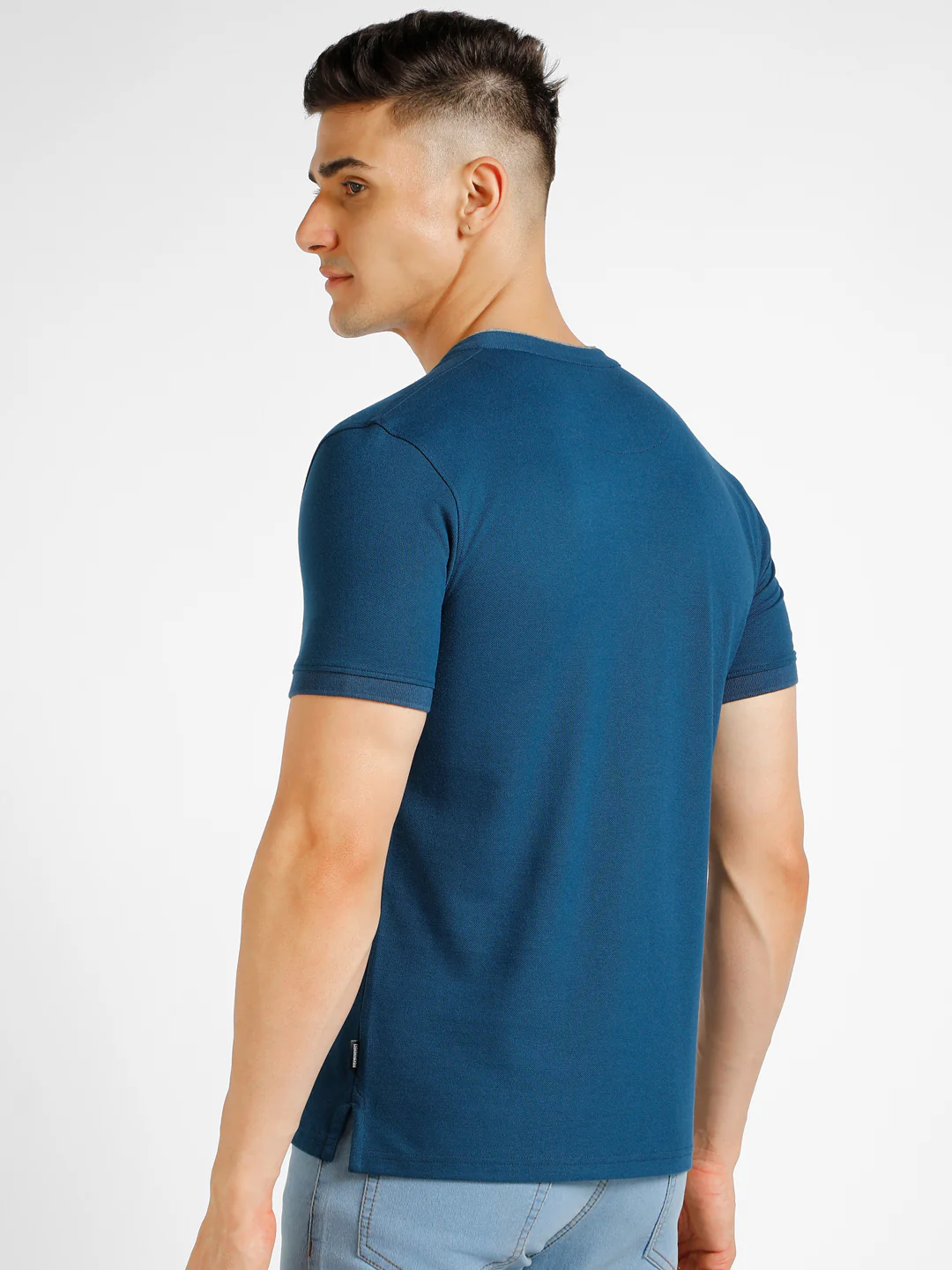 Men's Blue Solid Slim Fit Half Sleeve Cotton Polo T-Shirt with Mandarin Collar - Image 3