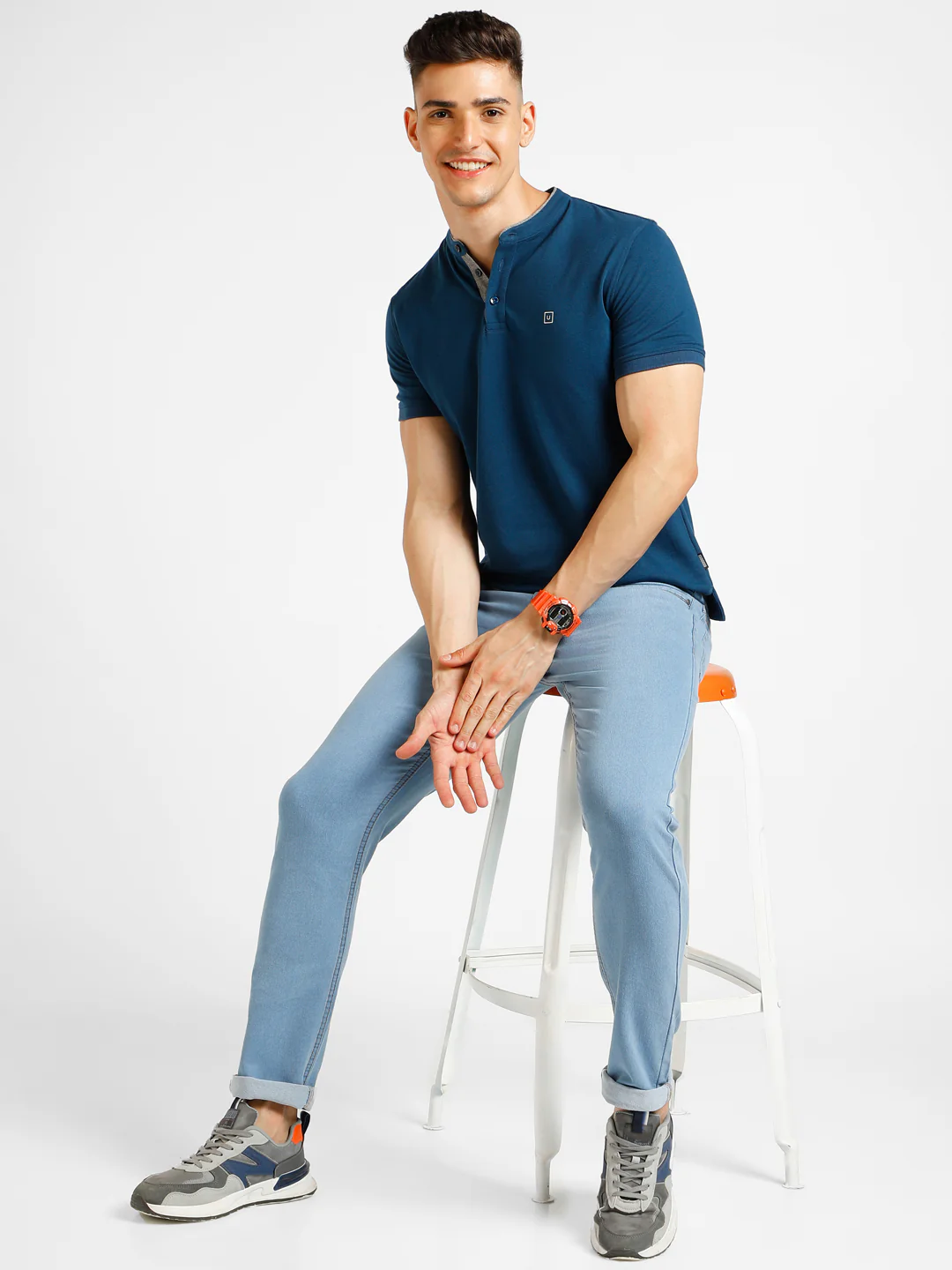 Men's Blue Solid Slim Fit Half Sleeve Cotton Polo T-Shirt with Mandarin Collar - Image 4