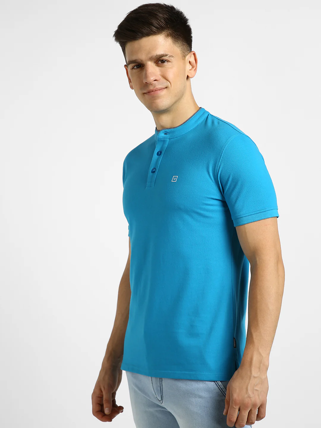 Men's Blue Solid Slim Fit Half Sleeve Cotton Polo T-Shirt with Mandarin Collar - Image 2