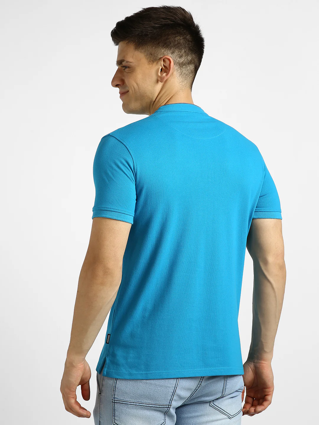 Men's Blue Solid Slim Fit Half Sleeve Cotton Polo T-Shirt with Mandarin Collar - Image 3