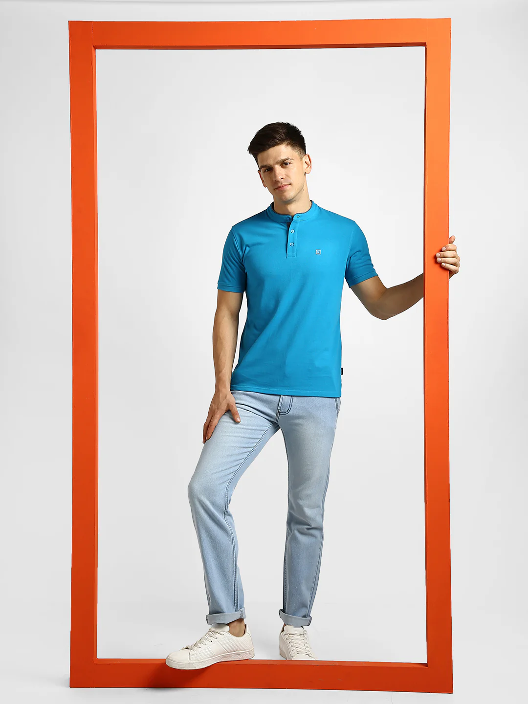 Men's Blue Solid Slim Fit Half Sleeve Cotton Polo T-Shirt with Mandarin Collar - Image 4