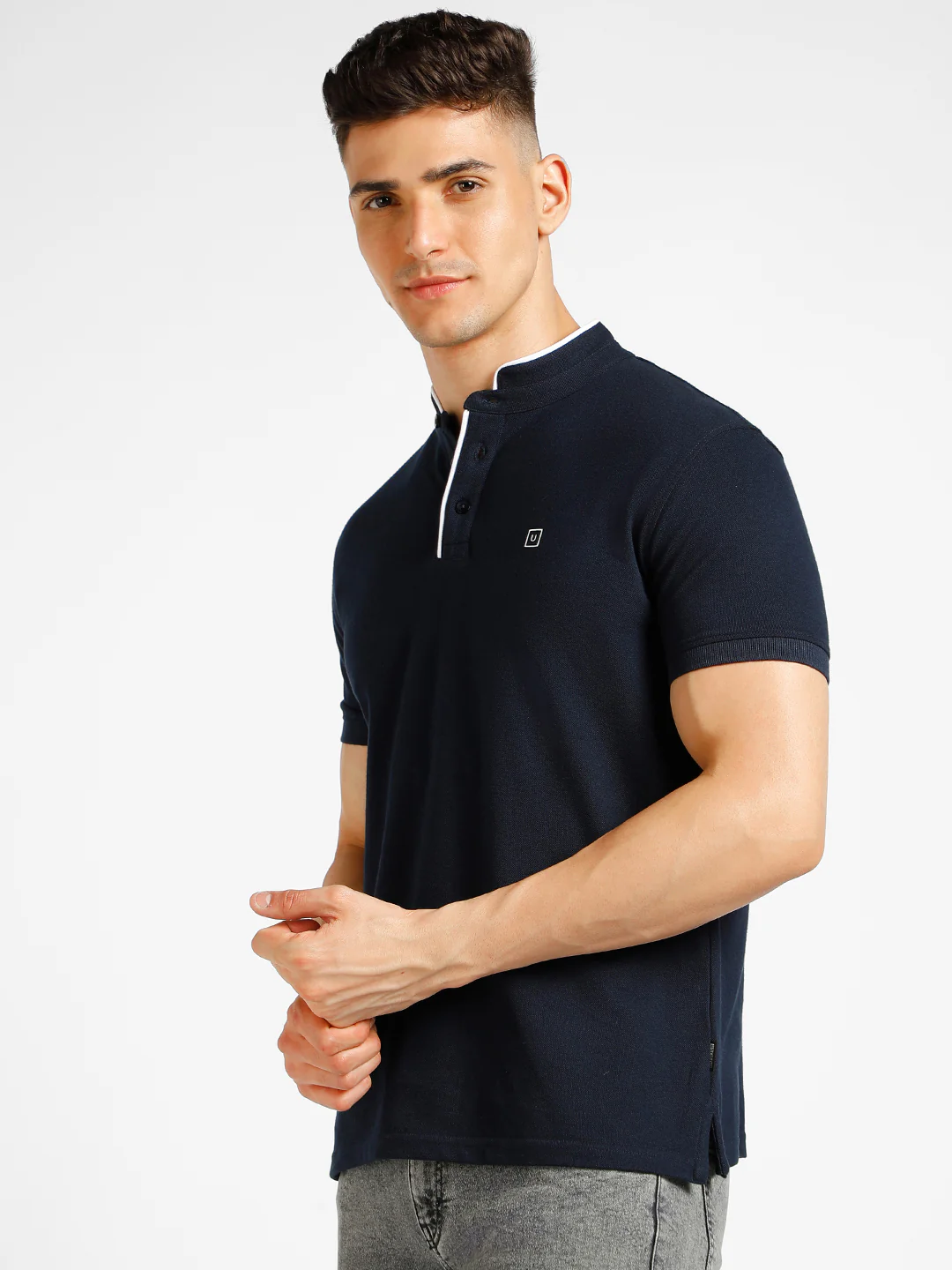 Men's Blue Solid Slim Fit Half Sleeve Cotton Polo T-Shirt with Mandarin Collar - Image 2