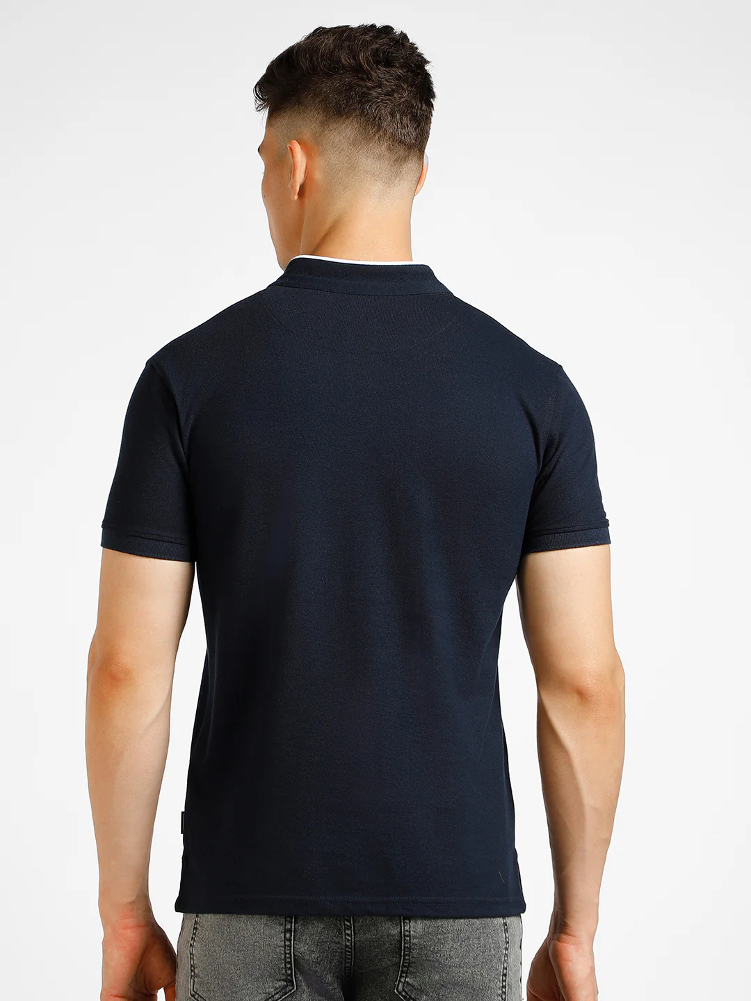 Men's Blue Solid Slim Fit Half Sleeve Cotton Polo T-Shirt with Mandarin Collar - Image 3