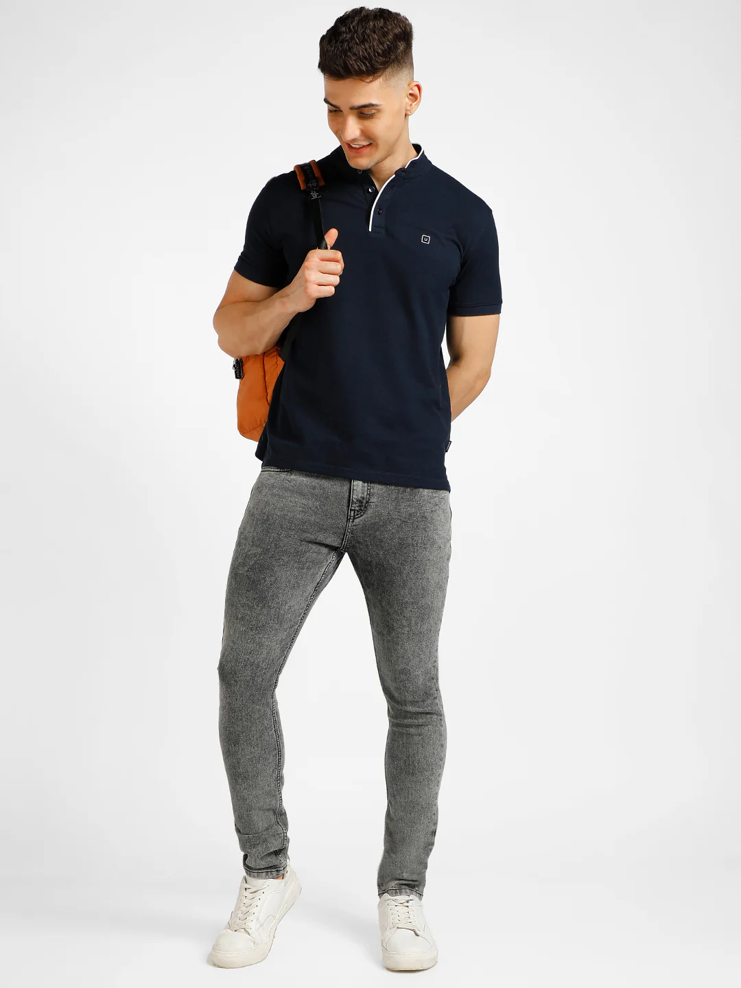 Men's Blue Solid Slim Fit Half Sleeve Cotton Polo T-Shirt with Mandarin Collar - Image 4